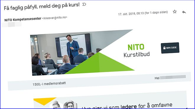 Utsnitt av eposten NITO feilsendte til 17.000 mottakere.