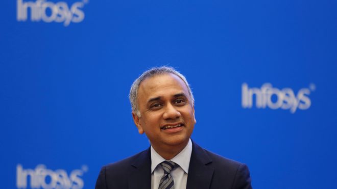 Infosys-konsernsjef Salil Parekh avbildet under en kvartalspresentasjon i juli 2018.