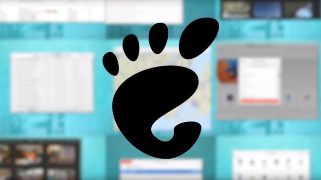 Gnome-logoen foran et Gnome-basert skrivebord.
