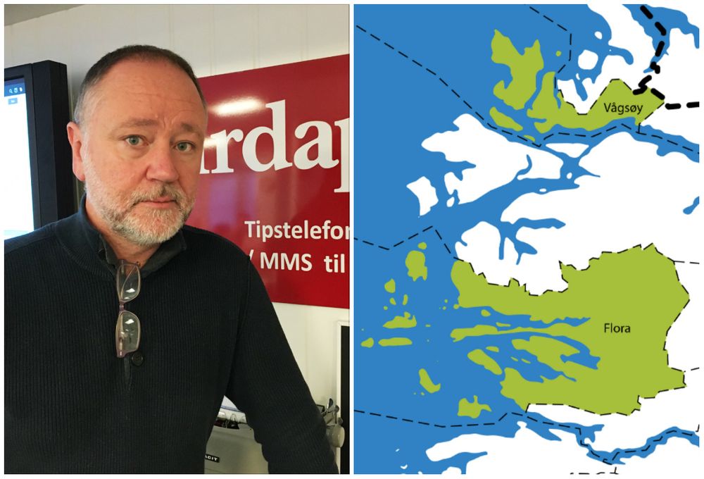 Redaktør i Firdaposten, Svend-Arne Vee og illustrajonskart over den nye kommunen Kinn.