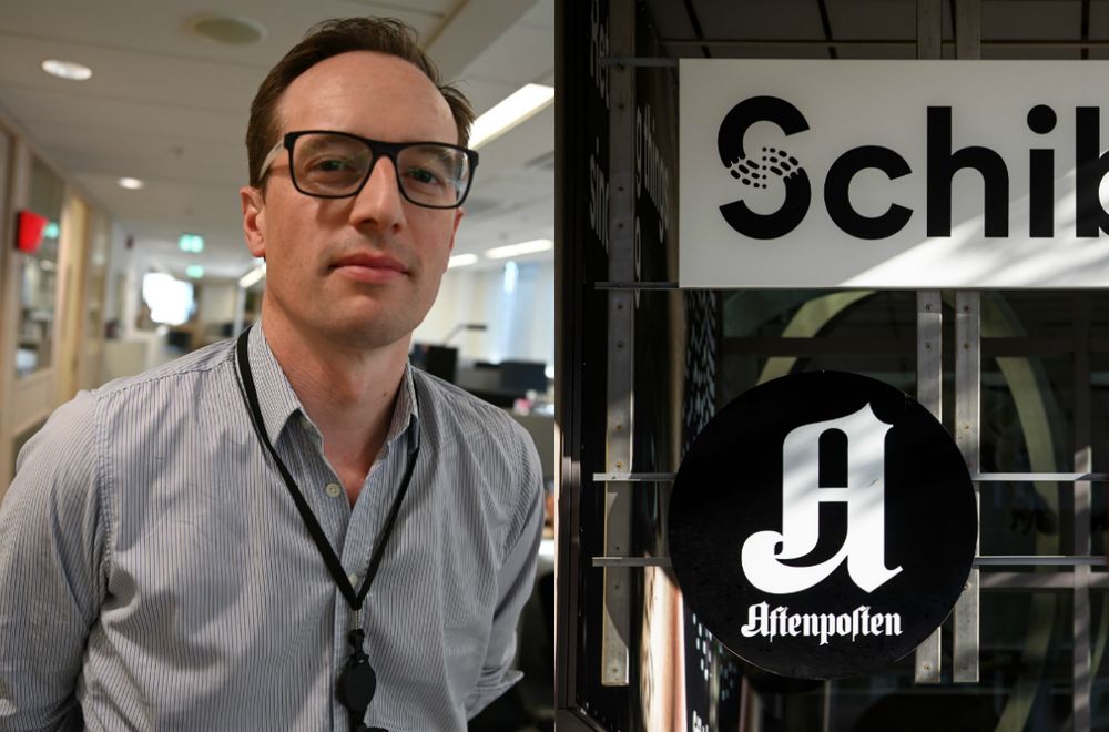 Stabssjef i Aftenposten, Morten Andersen. Til høyre er Aftenposten-logoen utenfor Schibsted-bygget i Akersgata 55.