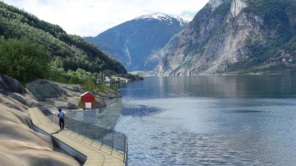 NÆR FJORDEN: Slik kan turvegen mellom Aurland og Flåm bli sjåande ut. Bygginga er venta å starta til våren neste år.