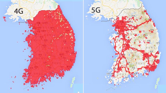 Dekningskart over 4G og 5G fra operatøren KT.