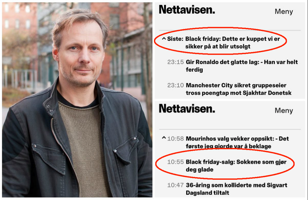 Steen Steensen ved OsloMet. Til høgre er «content marketing»-sakene til Nettavisen.
