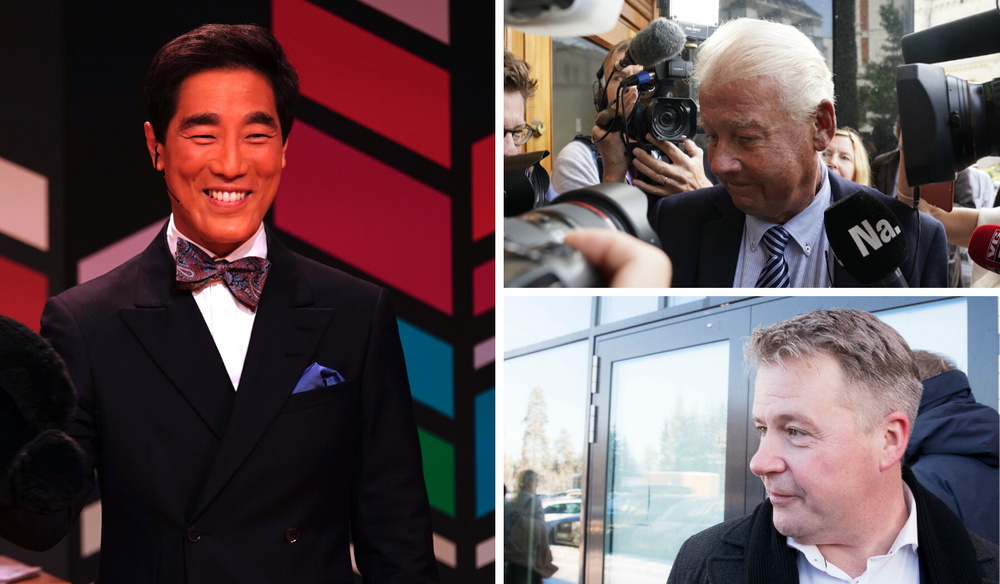 Carl I. Hagen (FrP), Fredrik Solvang i NRK og Per-Willy Amundsen (FrP).