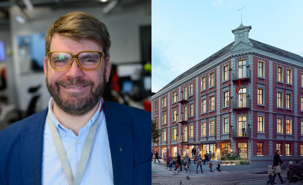 Sjefredaktør Sigvald Sveinbjørnsson i Bergensavisen. Til høgre illustrasjon av nye BA-lokale i Vestre Torggate.