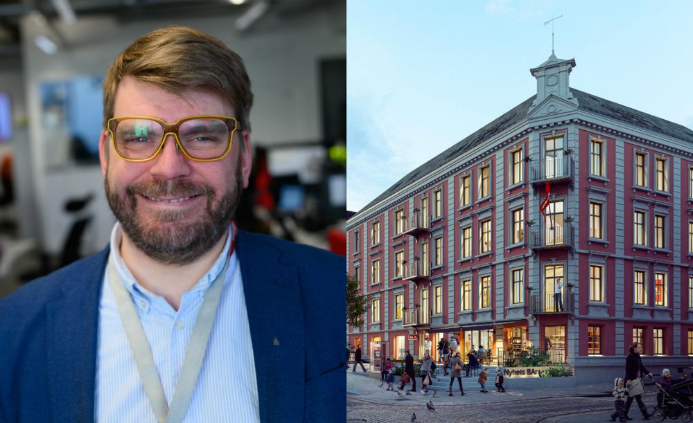 Sjefredaktør Sigvald Sveinbjørnsson i Bergensavisen. Til høgre illustrasjon av nye BA-lokale i Vestre Torggate.