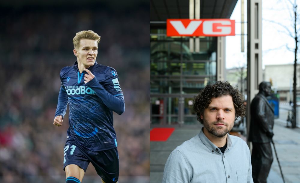 Martin Ødegaard i aksjon for Real Sociedad under storkampen mot Real Madrid på Santiago Bernabéu i Madrid i november. Til høgre er sportssjef Eirik Borud i VG.