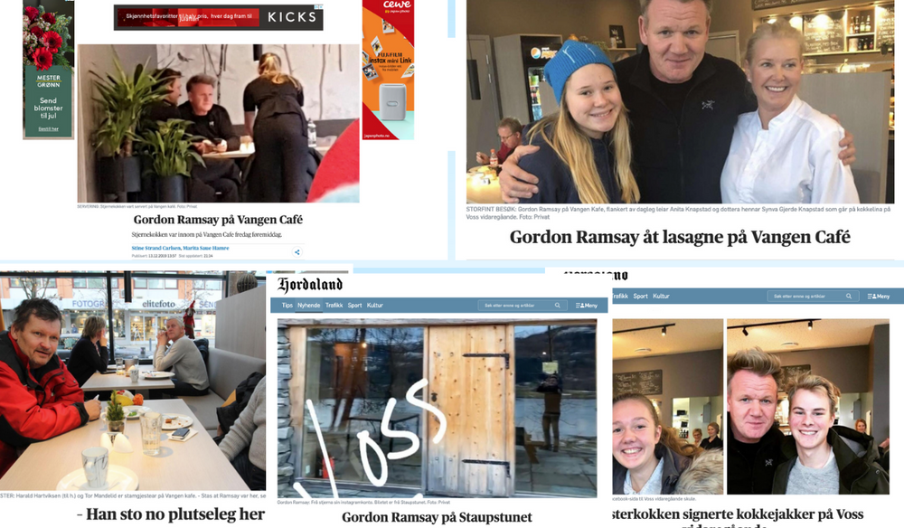 «Gordon Ramsay åt lasagne på Vangen Café», «Gordon Ramsay på Staupstunet» og «Meisterkokken signerte kokkejakker på Voss vidaregåande» var blant sakene Avisa Hordaland skrev om det storfine besøket