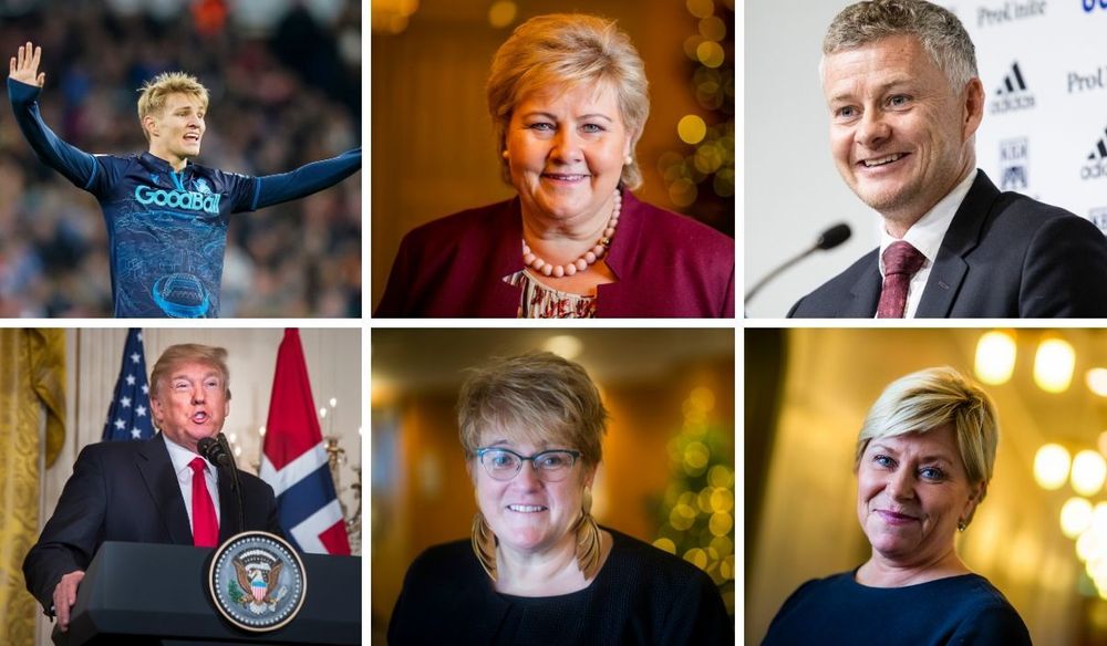 Martin Ødegaard (øverst fra venstre), Erna Solberg, Ole Gunnar Solskjær, Donald Trump, Trine Skei Grande og Siv Jensen har alle fått en solid dose med medieoppslag i løpet av 2019.