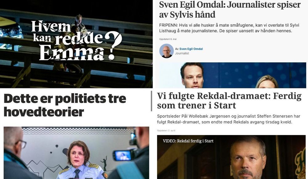 Dette var de mest lest artiklene i Adresseavisen (øverst fra venstre), Stavanger Aftenblad, Nordlys og Fædrelandsvennen.