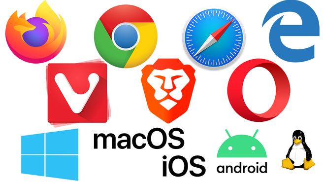 Nettleser- og operativsystemlogoer.