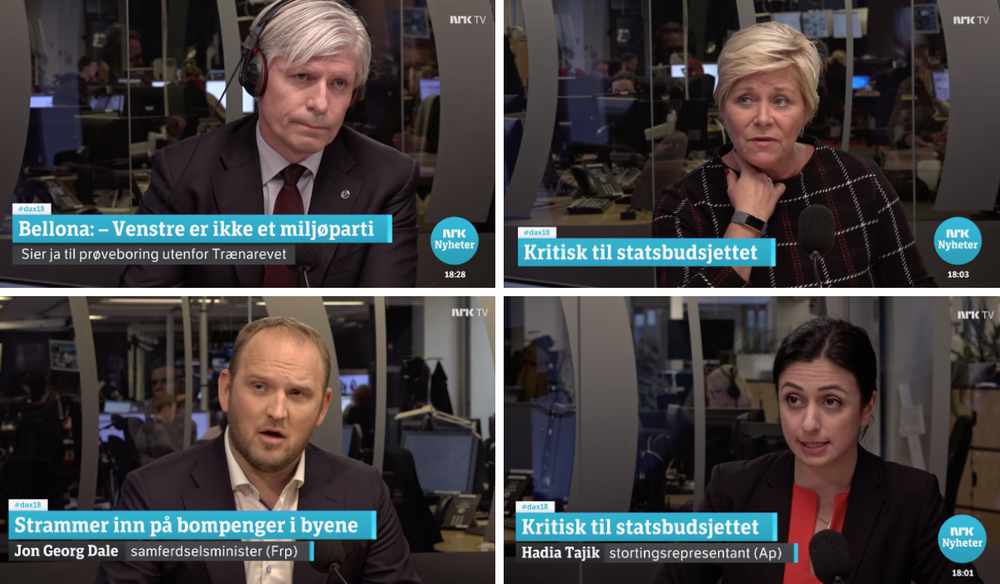 Klimaminister Ola Elvestuen, finansminister Siv Jensen, samferdselsminister Jon Georg Dale eller Arbeiderpartiets Hadia Tajik - hvem dukket opp i Dagsnytt 18 oftest i fjor?