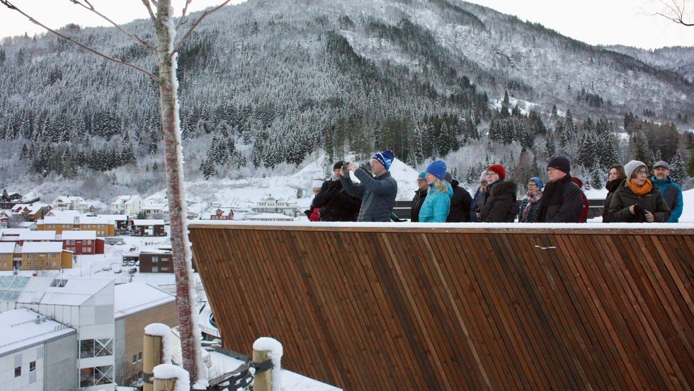 OVERSIKT: Frå utkikksplassen på Fosshaugane Campus kunne historikar Gunnar Yttri lett peika ut stadar som er sentrale i historia til Sogndal. Ordførar for den nye storkommunen, Arnstein Menes, følgjer nøye med og tek bilete av tettstaden som no har blitt ein del av hans heimkommune.