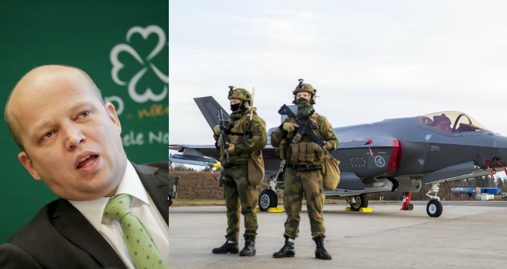 Partileiar Trygve Slagsvold Vedum i Senterpartiet til venstre. Til høgre er frå då forsvaret viste fram sine nye F-35 jagarfly på Rygge militære flyplass i Østfold i vinter.