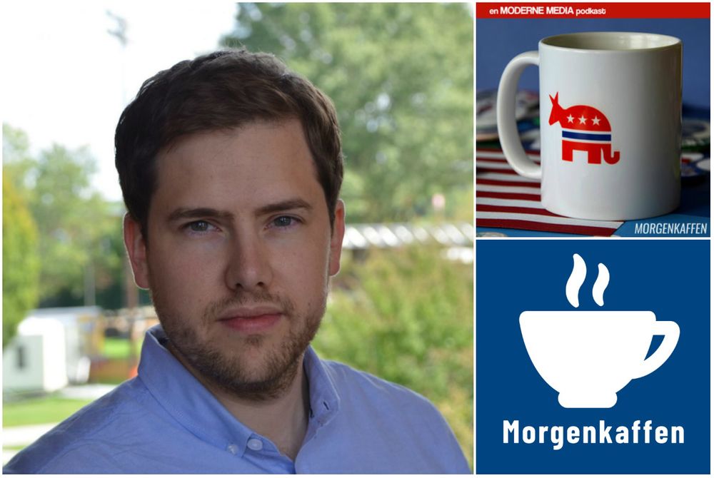 Are Tågvold Flaten, redaktør i Amerikansk Politikk. Oppe til høgre er hans eigen podkast, og Finansavisen nede til høgre.