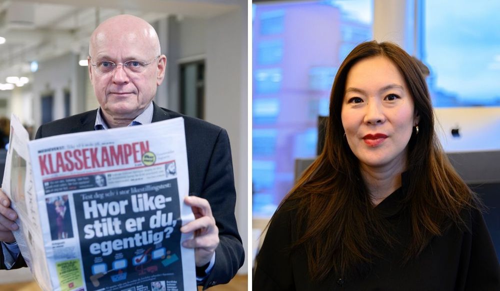 Klassekampens politiske redaktør Bjørgulv Braanen (til venstre) reagerer på at Morgenbladet og konstituert redaktør Sun Heidi Sæbø skal droppe lederartikkelen.