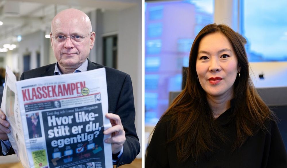 Klassekampens politiske redaktør Bjørgulv Braanen (til venstre) reagerer på at Morgenbladet og konstituert redaktør Sun Heidi Sæbø skal droppe lederartikkelen.