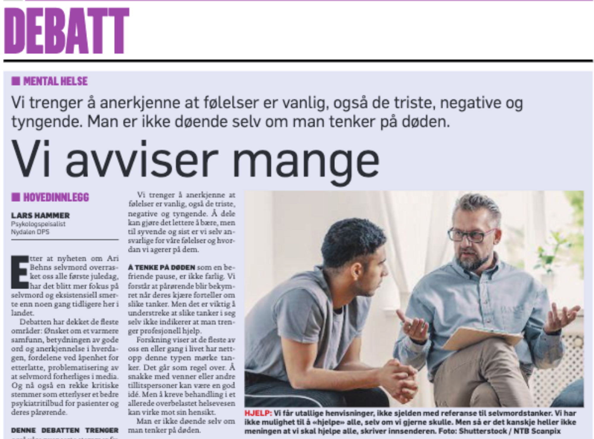 Lesarinnlegg i Dagbladet av «Lars Hammer, psykologspeisalist Nydalen DPS».