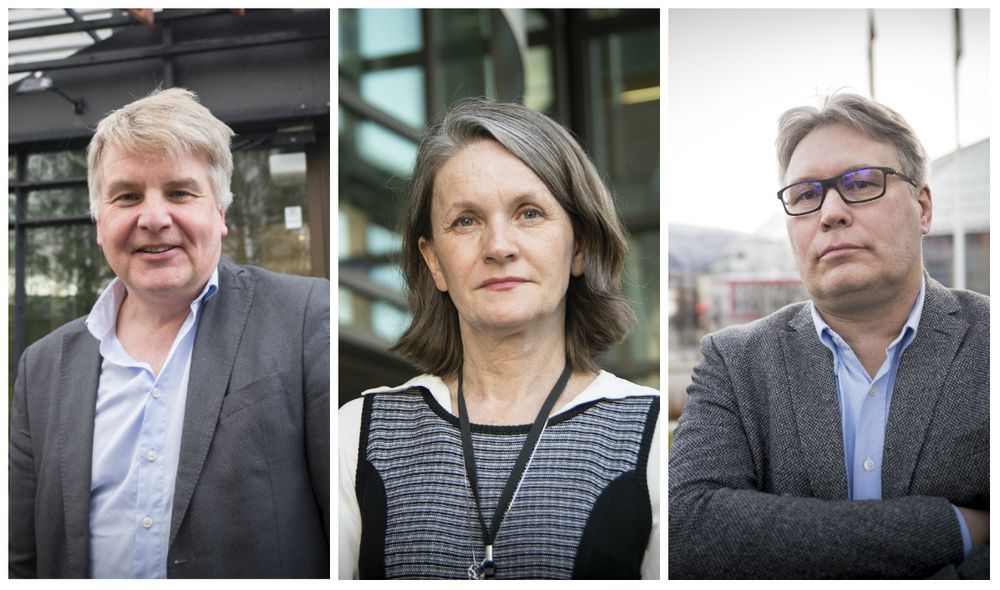 Sjefredaktør Erik H. Sønstelie i OA, politisk redaktør Hanne Skartveit i VG og politisk redaktør Skjalg Fjellheim i Nordlys.