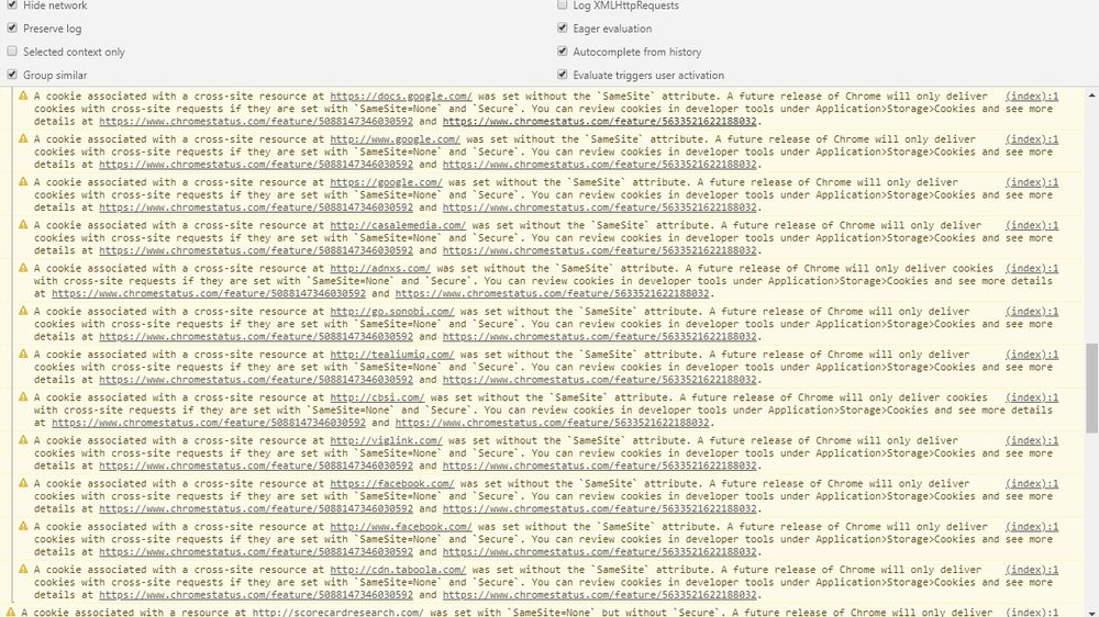 Får du slike advarsler i konsollen når du besøker nettstedet ditt med Google Chrome? Dette kan få store konsekvenser når Chrome 80 kommer i februar. Advarslene på bildet dukket opp ved besøk på et stort, amerikansk teknologinettsted.