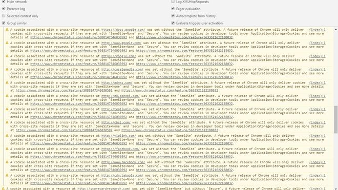 SameSite-advarsler i Google Chrome-konsollen ved besøk på et amerikansk teknologinettsted.