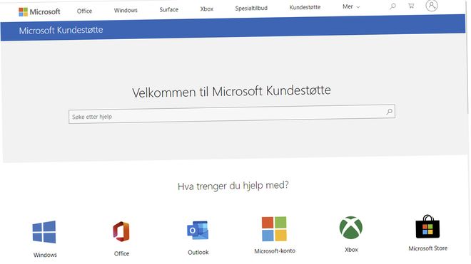 Skjermbilde av Microsofts kundestøttesider på weben.