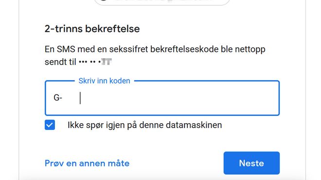 SMS-basert tofaktorautentisering hos Google.
