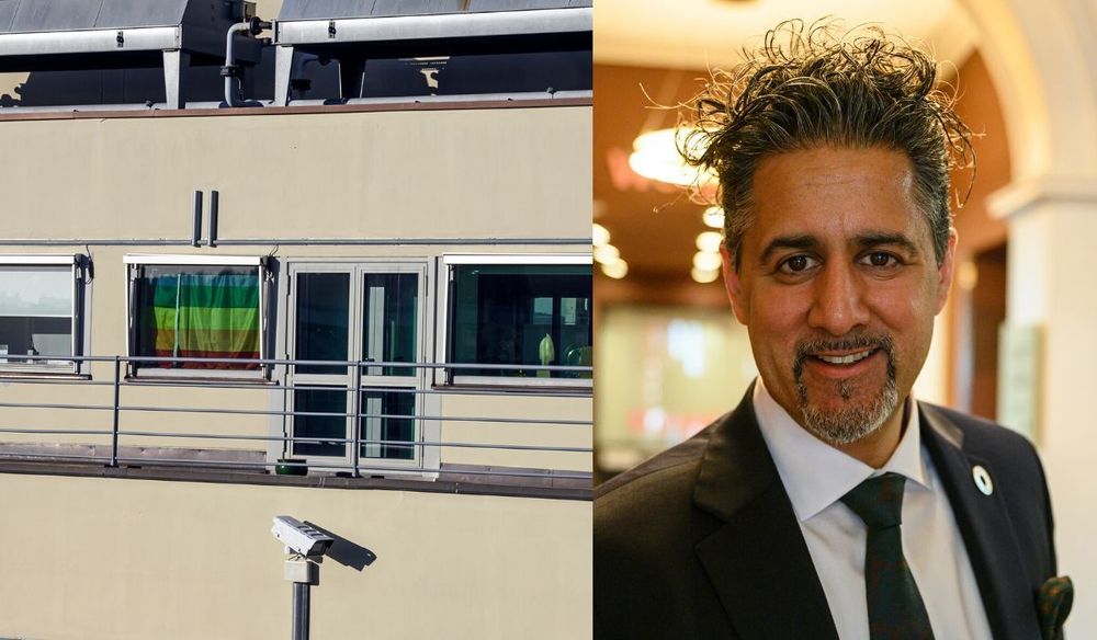 Kulturminister Abid Raja har dekket til vinduet på kontoret sitt med et Pride-flagg. Blant annet for å hindre Vårt Land innsyn.