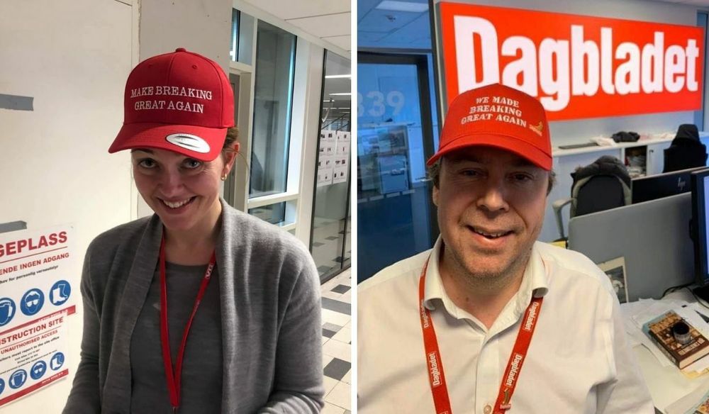 VGs nyhetsredaktør Tora Bakke Håndlykken (til venstre) og Dagbladets nyhetsredaktør Frode Hansen poserer med hver sin breaking-caps.