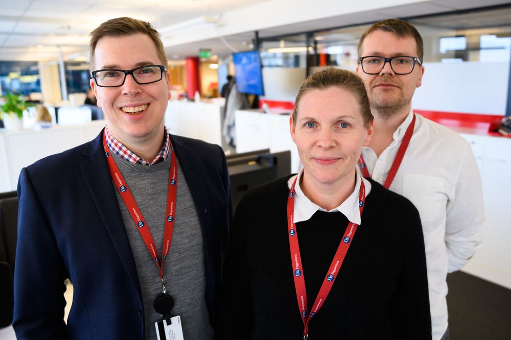 Sjefredaktør og administrerande direktør Eirik Hoff Lysholm, direktør Nina Kordahl og marknadssjef Marius Floberghagen i Dagsavisen.