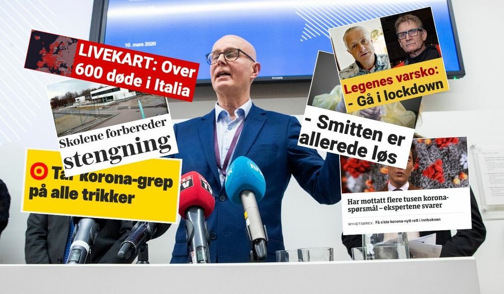 Helsedirektør Bjørn Guldvog, flankert av gelseminister Bent Høie og Line Vold i Folkehelseinstituttet på pressebrieif hos Helsedirektoratet. Innfelte artiklar er frå Dagbladet, VG, Nettavisen og NRK.