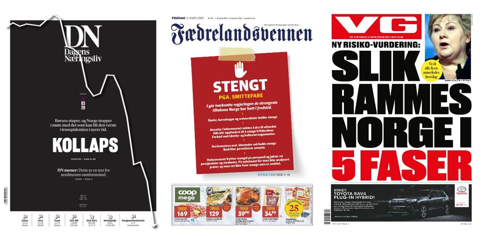 Dagens Næringsliv, Fædrelandsvennen og VG fredag 13. mars.
