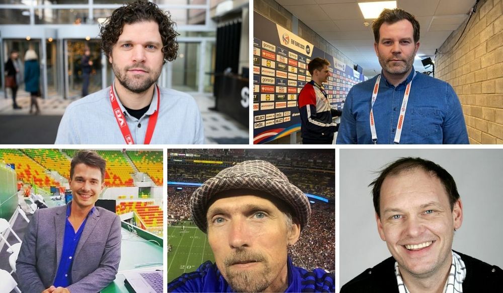 Flere sportsledere sender nå sine journalister til nyhetsdesken for å bistå under koronakrisen, som VGs Eirik Borud (øverst fra venstre), Aftenpostens Eirik Fardal, Dagbladets Fredrik Økstad Sandberg, Avisa Nordlands Freddy Toresen og Vardens Nils-Tore Olsen.
