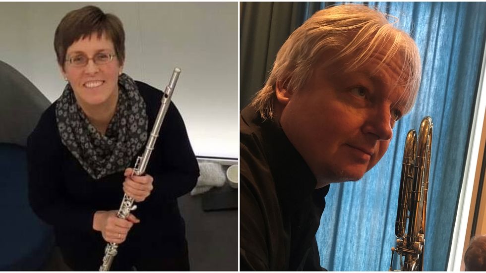 Kulturskulelærarane Beate Kjølstad (t.v) og Leif Aslaksrud (t.h) måtte òg finne digitale løysingar for å kunna ha speletimar med elevane sine.