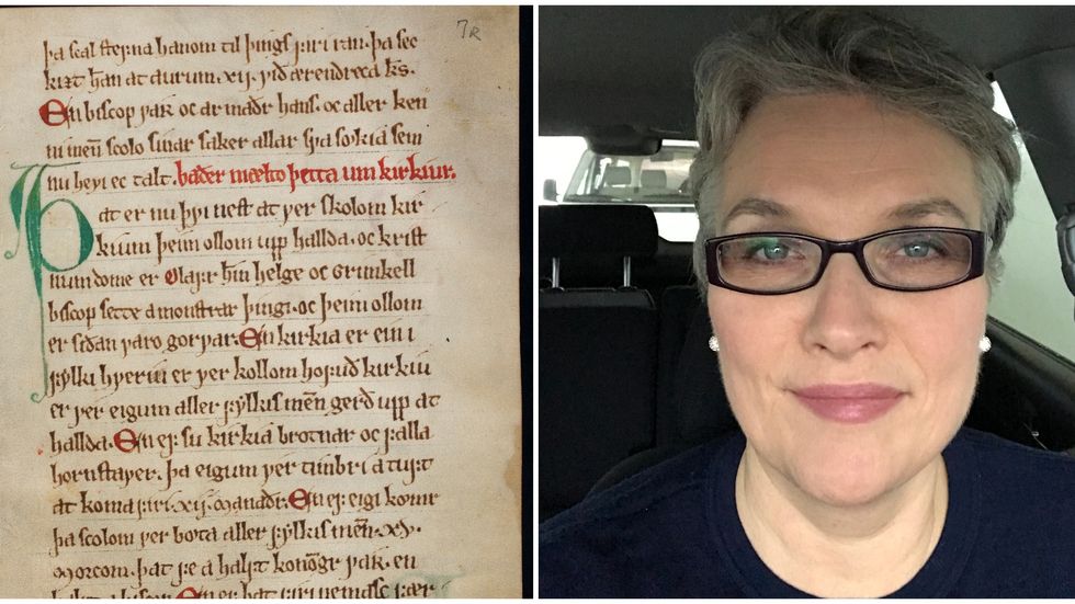 Dagleg leiar for Gulatinget, Anne Hopland, meiner Gulatingslova er ein viktig del av Noreg si rettshistorie og vil ha den heim til nasjonen. Til venstre: Eit utdrag frå samlinga.