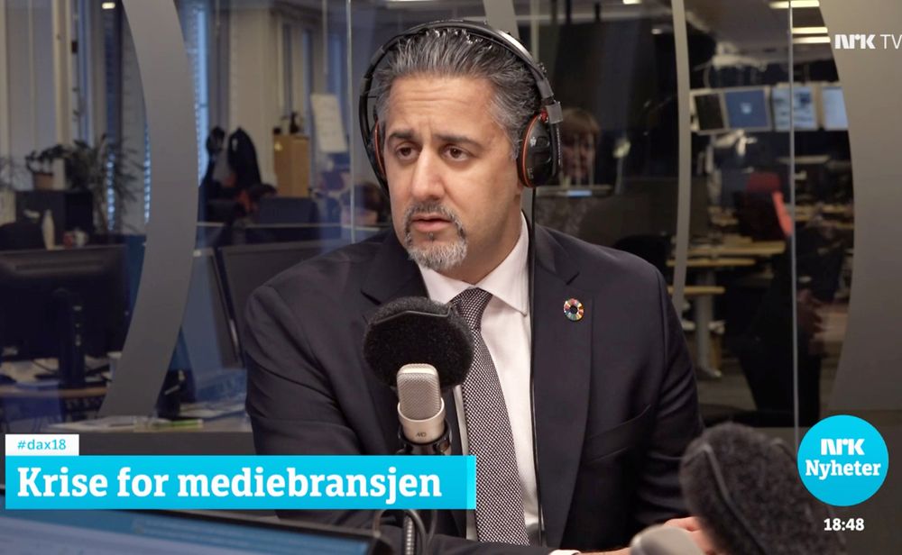 Kultur- og medieminister Abid Raja i Dagsnytt 18 3. april 2020.