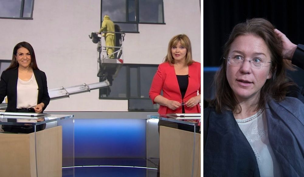 Dagsrevyen-ankera Rima Iraki og Ingvild Bryn presenterte reportasjen måndag kveld. Til høgre er førsteamanuensis Anine Kierulf.