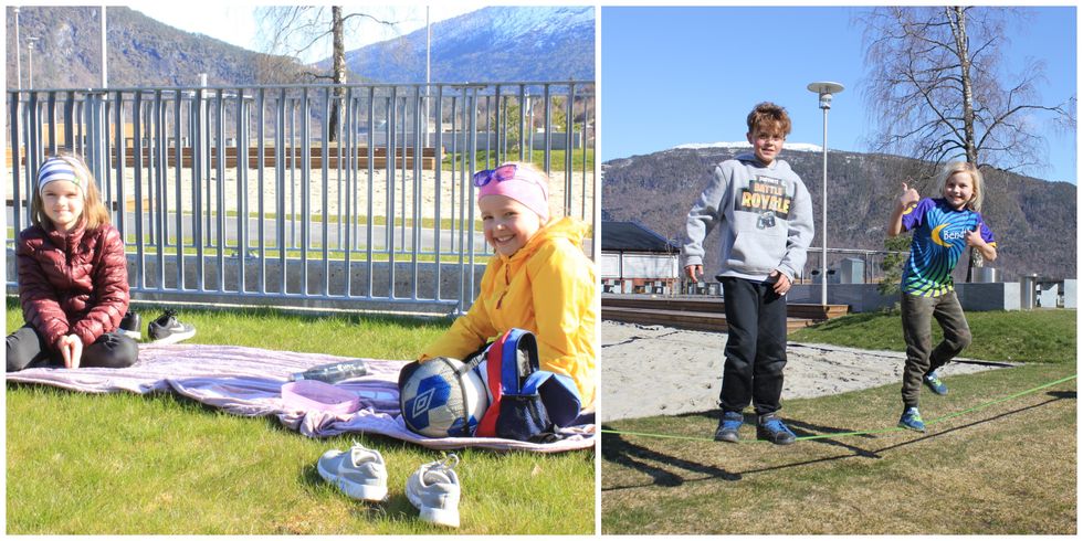 Janne Hodlekve og Andrine Sjøvoll (t.v) og Asbjørn Svedal Hatle og Edvin Tobias Mansåker Holme nyte sola etter heimeskule.