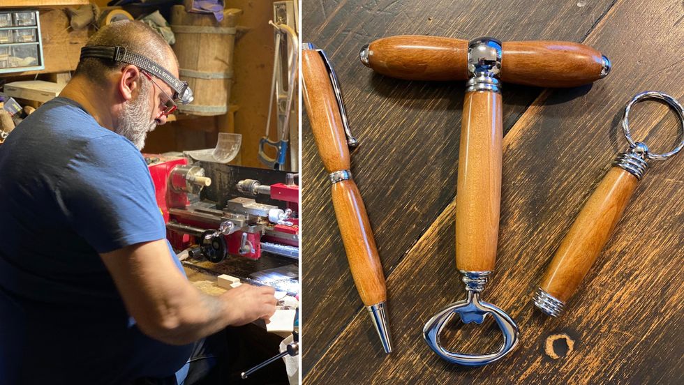 KREATIV HOBBY: Frå boden heime i Fardal dreier Geir Olav Lerheim alle moglege slags ting av tre, horn og metall.