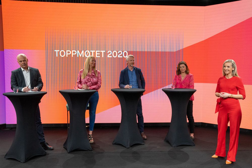 Oslo 20200507. Toppmøte 2020 paneldebatt Nordiske Mediedager, f.v. kringkastingssjef Thor Gjermund Eriksen, Discovery-sjef Tine Austvoll Jensen, TV 2-sjef Olav T. Sandnes, Schibsted-topp Kristin Skogen Lund og debattleder Yvonne Fondenes fra TV 2.
