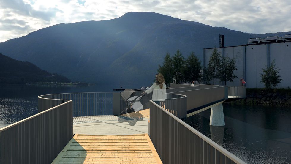 SISTE BRIKKA: Brua vil koma der Sogndalselvi møter fjorden, og vil knyta ihop slakteritomta med dei komande høgblokkene på Lerum brygge.