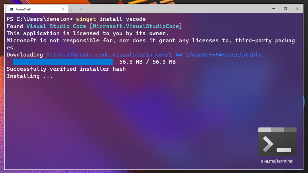 Visual Studio Code er blant verktøyene som kan lastes ned og installeres med Windows Package Manager og kommandoen winget.