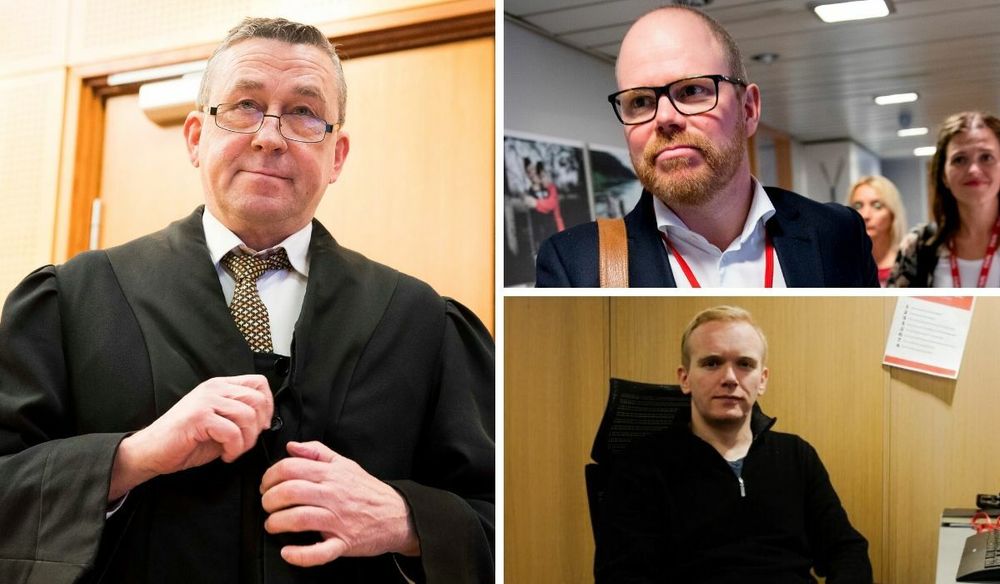 Steingrim Wolland, styreleiar i Advokatfirmaet Rogstad, sjefredaktør og administrerande direktør Gard Steiro i VG og journalist Markus Tobiassen i VG.