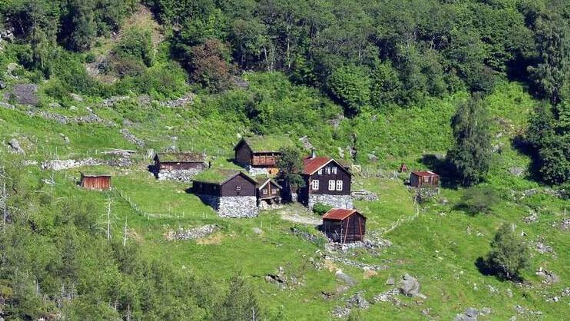 NYT NATUREN: Mellom velstelte stølshus finn me roen og kan berre sitta å nyta synet av alt det vakre ikring oss. Flott natur, flotte hus og ei blå våryr elv som hastar forbi.