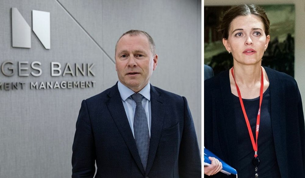 Nicolai Tangen, ny sjef i Oljefondet, Statens pensjonsfond. Til høgre er nyheitsredaktør Tora Bakke Håndlykken i VG.