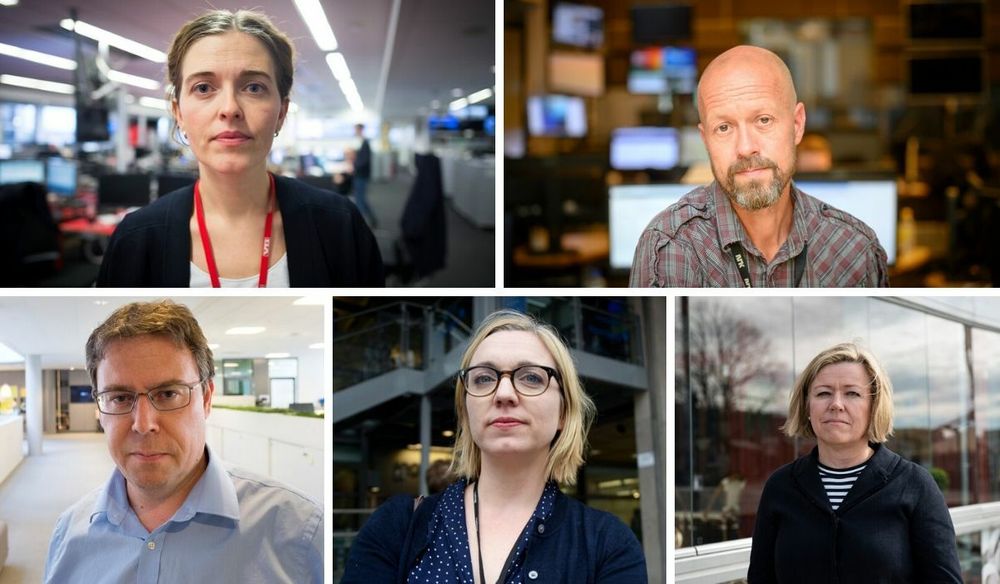 VGs nyhetsredaktør Tora Bakke Håndlykken (øverst fra venstre), NRKs etikkredaktør Per Arne Kalbakk, Dagbladets nyhetsredaktør Frode Hansen, NTBs nyhetsredaktør Sarah Sørheim og Aftenpostens nyhetsredaktør Tone Tveøy Strøm-Gundersen.