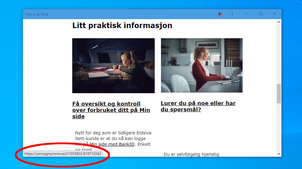 Nyhetsbrevet fra Elvia har lenker til helt ukjente adresser og framstår derfor som et phishingangrep. Brukerne oppmuntres også til å logge seg inn på «Min side» via e-posten, noe som også er typisk for phishingangrep.