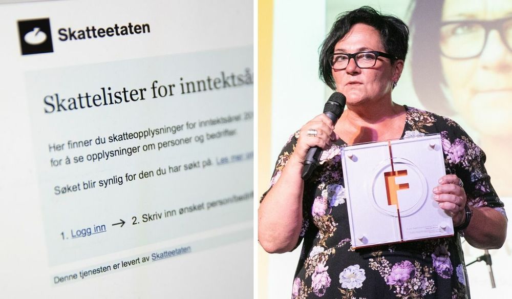Illustrasjonsfoto av skattelistene til Skatteetaten til venstre. Til høgre er redaktør Tove Lie i Khrono.