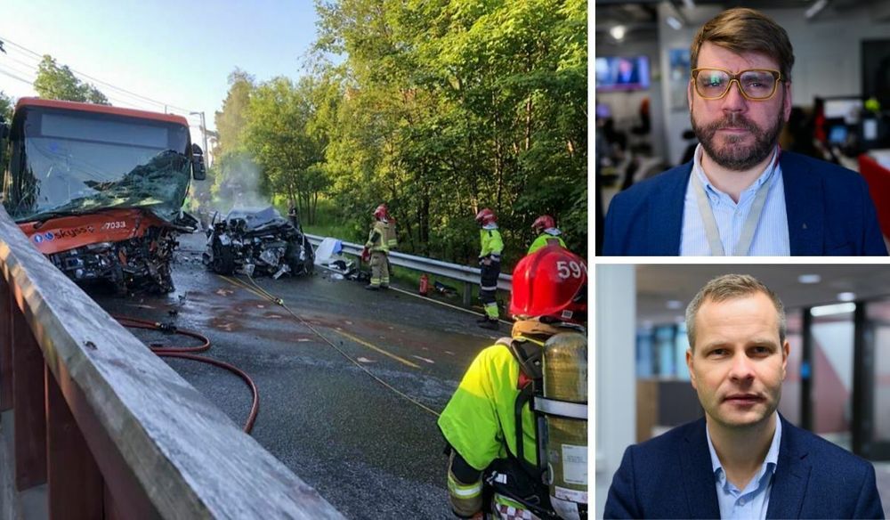 Tre personer beregnes som kritisk skadet etter kollisjon mellom bil og buss på Sørås i Bergen. Til høyre er BA-redaktør Sigvald Sveinbjørnsson og nyheitsredaktør Trond Olav Skrunes i BT.